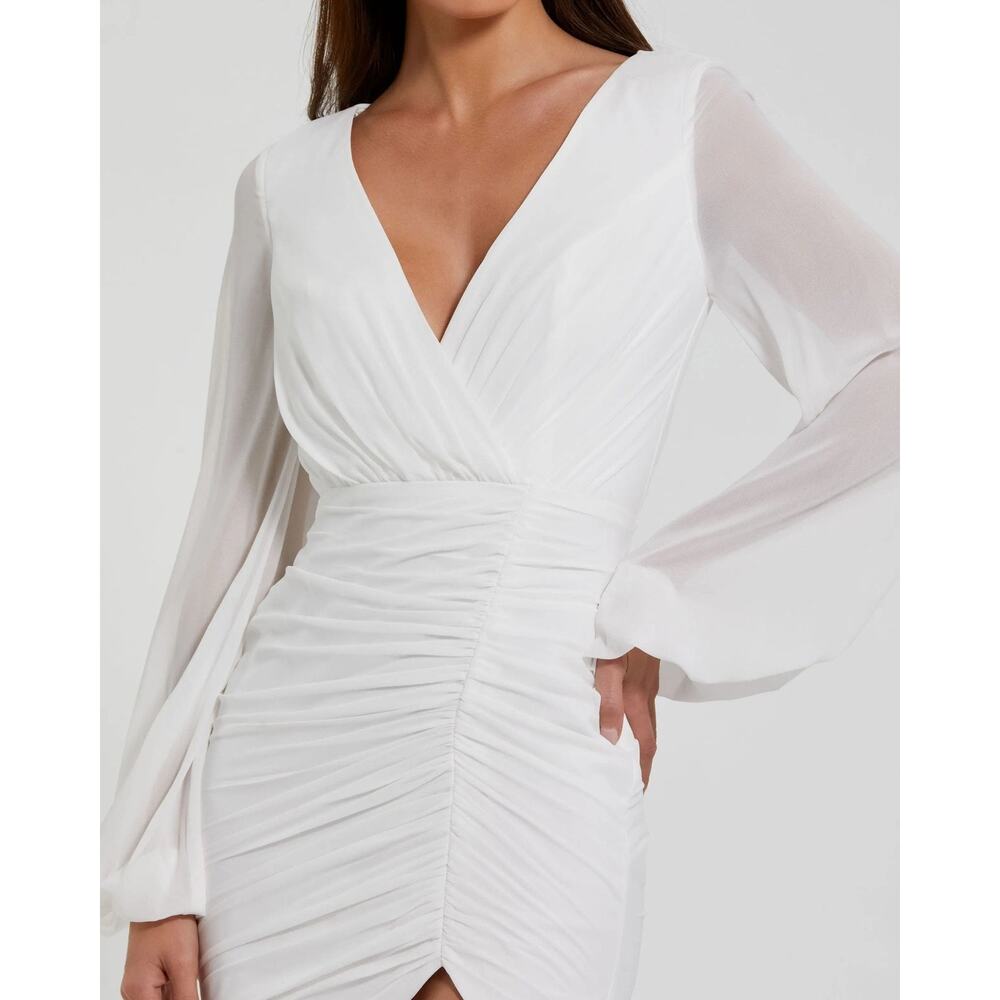 Mac Duggal 26655 White Long Blouson Sleeve Ruched Mini Dress Sz 4 - Picture 2 of 9